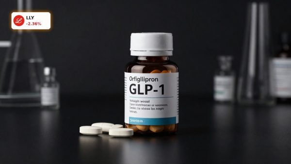 Eli Lilly Orforglipron pill bottle and tablets in premium product shot on dark background