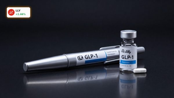 Eli Lilly Record highlighted by premium GLP-1 injection pen and vial in a dark pharmaceutical product scene