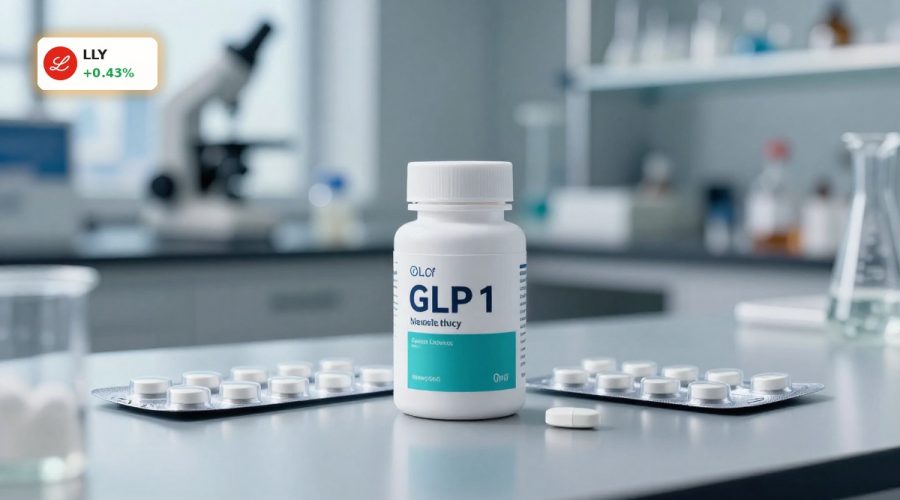 Eli Lilly Weight Loss Drugs concept with new oral GLP-1 pill packaging in a modern lab setting.