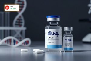 Eli Lilly Acquisition oncology drug concept with branded cancer therapy vial and pills on dark lab background