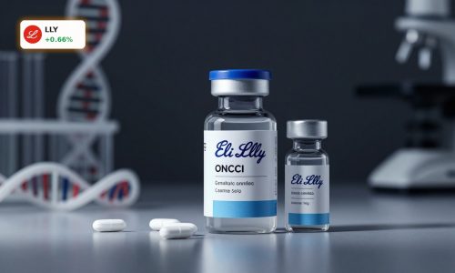 Eli Lilly Acquisition oncology drug concept with branded cancer therapy vial and pills on dark lab background