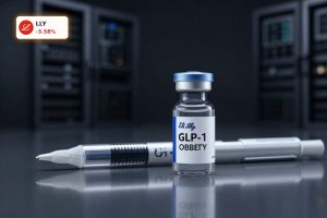 Premium GLP-1 drug vials and pen injectors symbolizing Eli Lilly Investment in obesity treatments