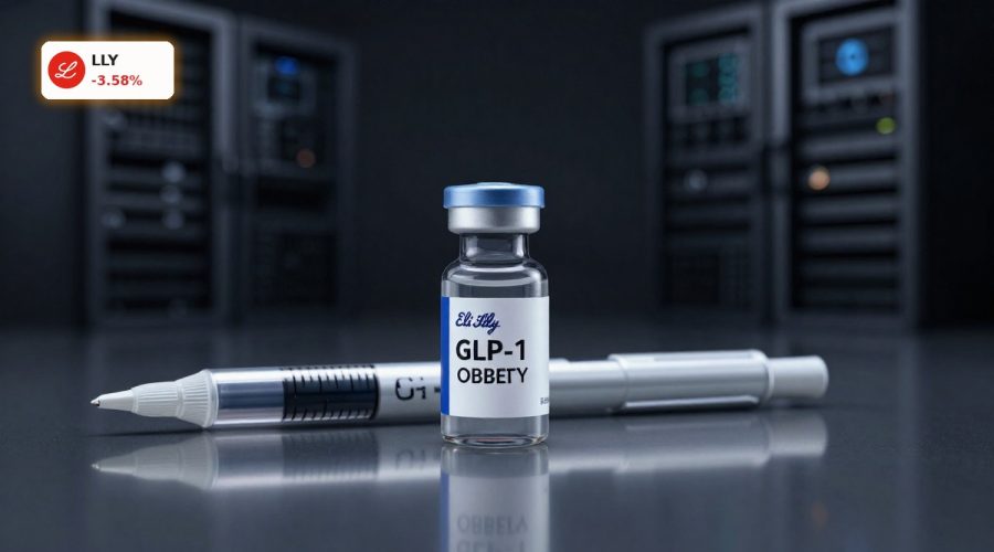Premium GLP-1 drug vials and pen injectors symbolizing Eli Lilly Investment in obesity treatments