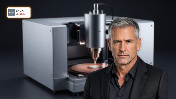 Lam Research CEO article hero image with semiconductor wafer and chipmaking equipment on dark background