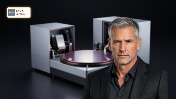 Lam Research CEO article hero with semiconductor wafer and chip equipment on dark background