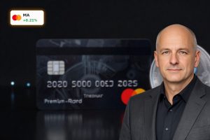 Mastercard BVNK Acquisition concept with card and digital stablecoin token in a high-end fintech setting