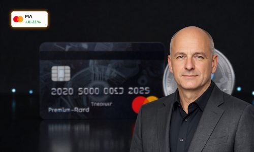 Mastercard BVNK Acquisition concept with card and digital stablecoin token in a high-end fintech setting