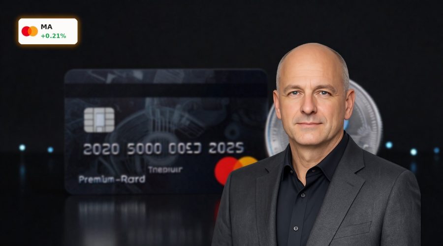 Mastercard BVNK Acquisition concept with card and digital stablecoin token in a high-end fintech setting