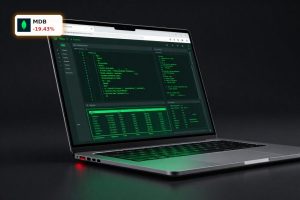 MongoDB Earnings reaction symbolized by MongoDB Atlas interface on laptop with red market downturn lighting