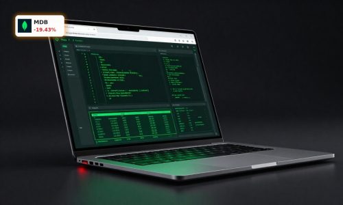 MongoDB Earnings reaction symbolized by MongoDB Atlas interface on laptop with red market downturn lighting