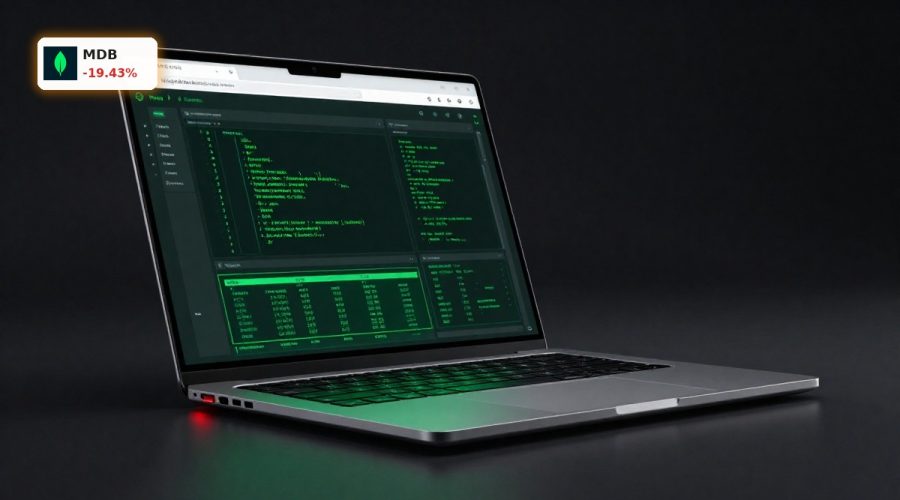 MongoDB Earnings reaction symbolized by MongoDB Atlas interface on laptop with red market downturn lighting