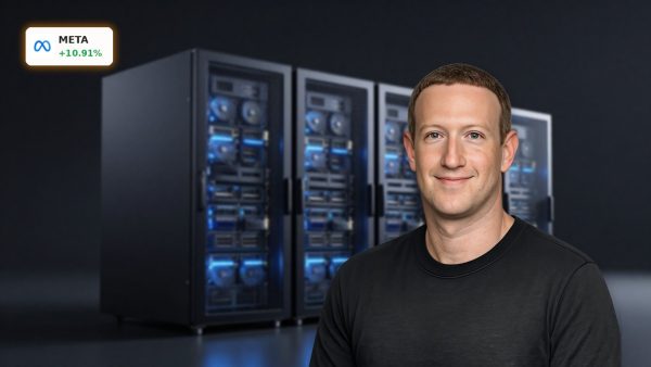 Meta Cloud AI server and GPU infrastructure in a dark premium data center setting