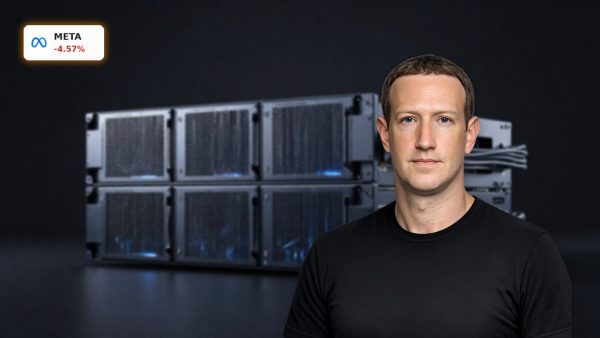 Meta AI Strategy concept with premium AI server hardware and compute infrastructure on a dark background