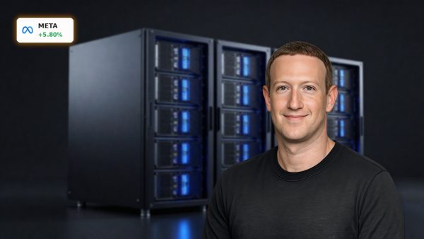 Meta AI Strategy highlighted by premium AI server hardware and cloud infrastructure in a dark cinematic setting
