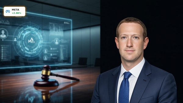 Holographic data interface and gavel representing the Meta AI Lawsuit.