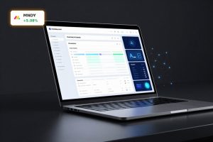monday.com Earnings optimism shown by premium laptop with AI work platform dashboard