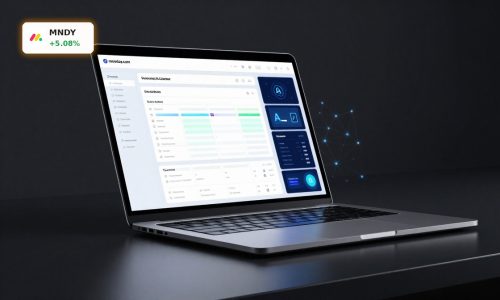 monday.com Earnings optimism shown by premium laptop with AI work platform dashboard