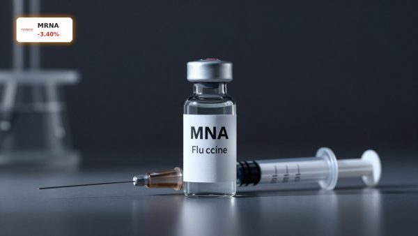 Moderna Flu Vaccine vial and syringe in premium product-focused lab setting
