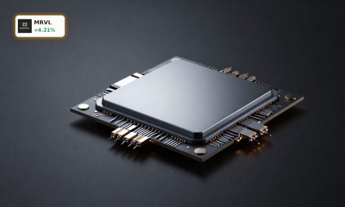 Marvell S&P 500 Inclusion highlighted by AI networking chip and optical interconnect hardware on dark background