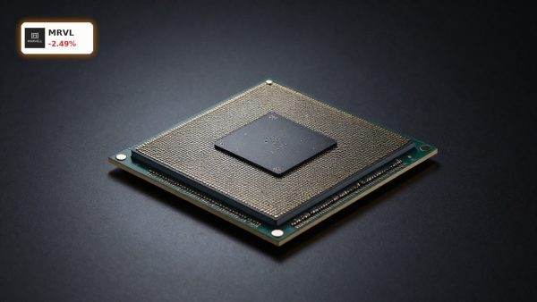 Marvell S&P 500 Inclusion tied to AI networking chip and optical interconnect hardware on dark studio background