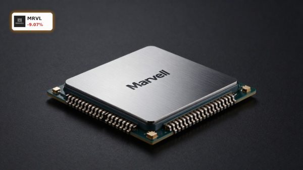 Marvell Technology Forecast centered on AI networking chip and optical interconnect hardware on dark background