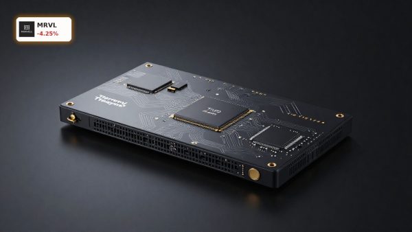 Marvell Technology Analysis of Teralynx T100 AI networking chip on dark studio background