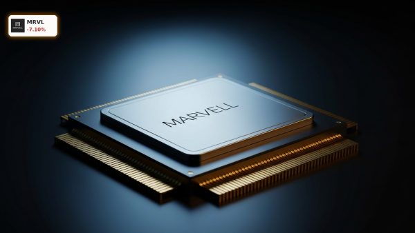 Custom Marvell Technology AI silicon microchip with glowing circuits on a dark reflective studio background.