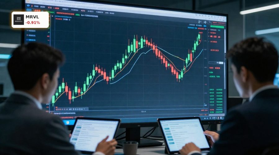 Marvell Technology Insider Selling visualized by executives watching a soaring stock chart near record highs.