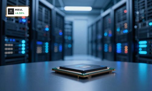 High-tech AI data center and chip symbolizing the Marvell Google AI Chip Deal and custom cloud accelerators.