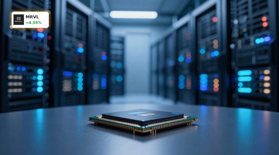 High-tech AI data center and chip symbolizing the Marvell Google AI Chip Deal and custom cloud accelerators.