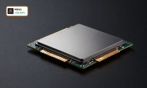 Marvell Record highlighted by AI networking chip and optical interconnect hardware on dark background