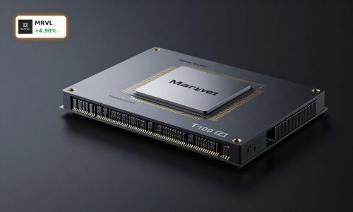 Marvell S&P 500 Inclusion focus on Teralynx T100 AI networking chip in premium dark studio setting