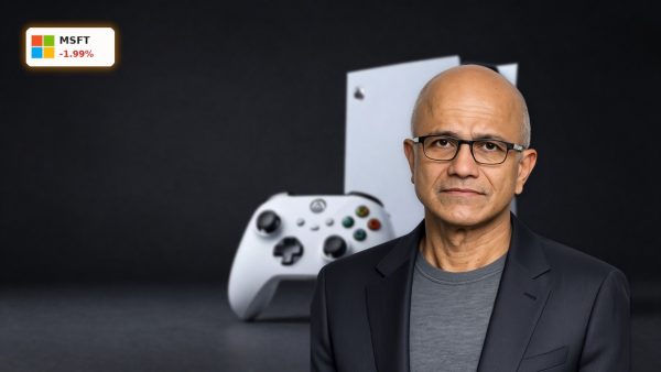 Microsoft Xbox Layoffs spotlight Xbox controller and console hardware in a dark studio setting