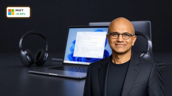 Microsoft AI Strategy visualized with enterprise AI workstation and Copilot-inspired hardware on dark background
