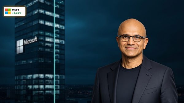 An illuminated modern architectural structure representing the Microsoft Valuation opportunity.