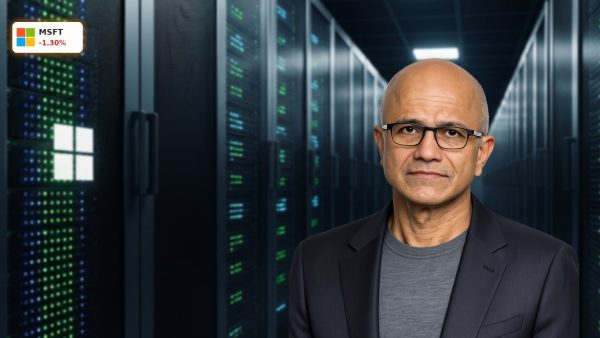 A futuristic data center server room representing Microsoft AI infrastructure and cloud scaling.
