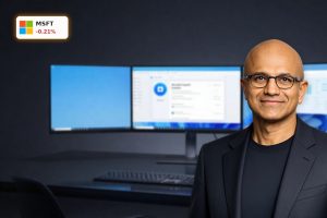 Microsoft Copilot Strategy visualized with AI workspace screens and premium enterprise setup