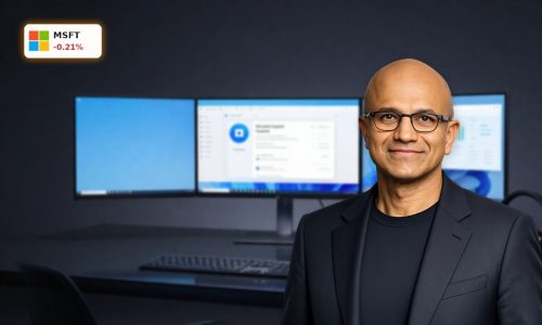 Microsoft Copilot Strategy visualized with AI workspace screens and premium enterprise setup