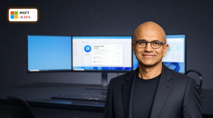 Microsoft Copilot Strategy visualized with AI workspace screens and premium enterprise setup