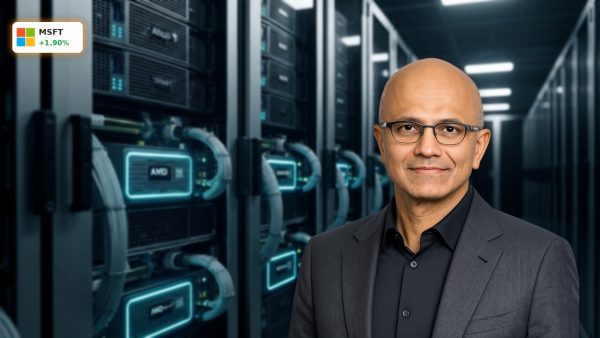 Modern Azure data center server racks highlighting the Microsoft AMD Partnership.