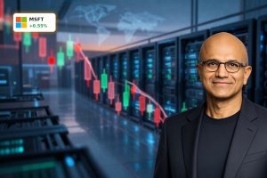 Microsoft AI Investments visualized with massive data center and falling stock chart in a cinematic financial scene