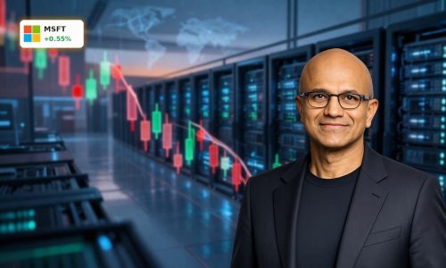 Microsoft AI Investments visualized with massive data center and falling stock chart in a cinematic financial scene