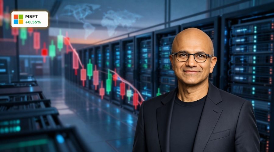 Microsoft AI Investments visualized with massive data center and falling stock chart in a cinematic financial scene
