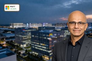 Microsoft AI Strategy visualized with expansive campus and data centers highlighting massive cloud investment