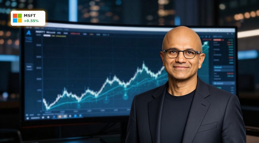 Microsoft Forecast chart with long-term AI growth trend and MSFT price outlook to 2030.