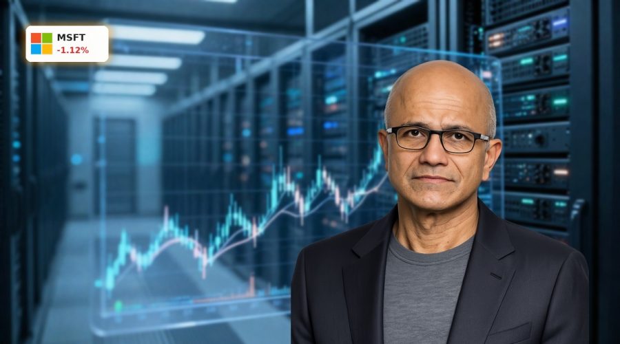 Microsoft AI Strategy visualized with stock chart over massive cloud data center, highlighting $37.5B capex and Azure growth.