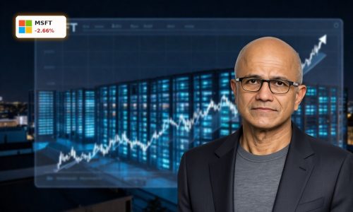 Microsoft AI Investment theme with MSFT stock chart dip and glowing AI data center backdrop.