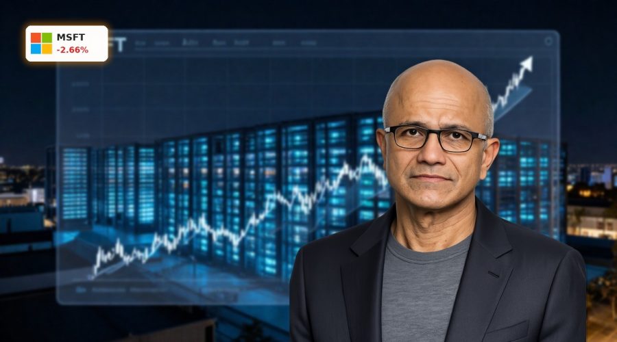 Microsoft AI Investment theme with MSFT stock chart dip and glowing AI data center backdrop.