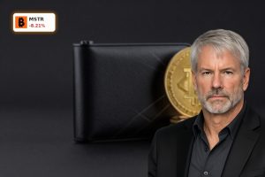 MicroStrategy Insider Sale concept with Bitcoin hardware wallet and coins on dark premium background