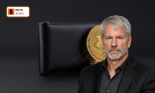 MicroStrategy Insider Sale concept with Bitcoin hardware wallet and coins on dark premium background